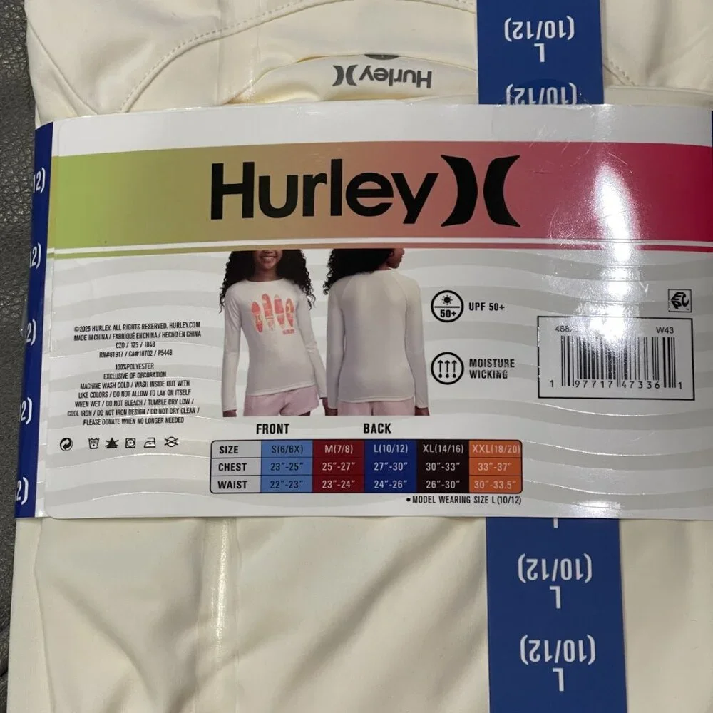 Hurley Girls Long Sleeve UPF Swim Top. Size Large (10-12). New.H20-DRI technol